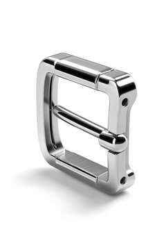 A polished rectangular silver metal buckle with a movable bar is precisely isolated on a clean white background with a subtle cast shadow, ideal for design