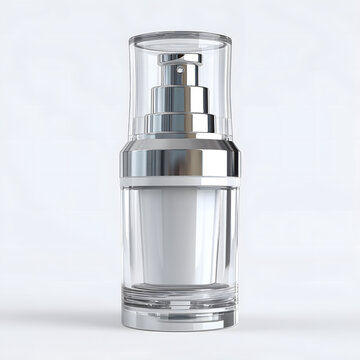 A clear cosmetic pump bottle with a silver cap containing a white serum stands elegantly isolated on a clean white background, ready for beauty product branding or display