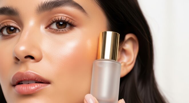 Close-up of a woman's face holding a serum bottle, likely for a skincare or beauty product advertisement, showcasing a beauty regimen