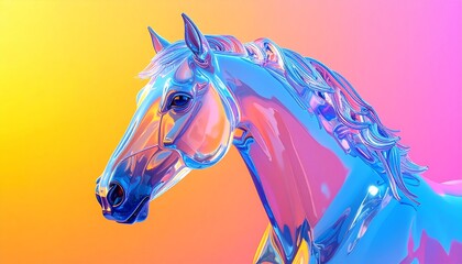 Obraz premium Futuristic Glass Horse Sculpture with Holographic Iridescent Colors on a Vibrant Background