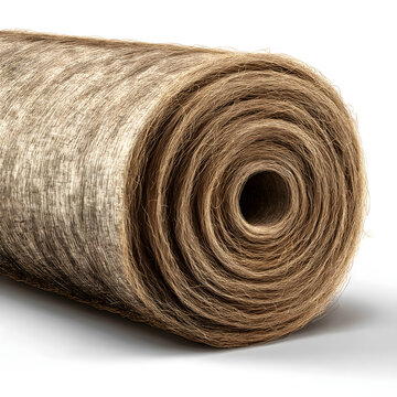 Close up view of a tightly rolled natural brown textile material showcasing its rough texture and layered circular pattern isolated on a white surface