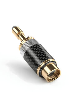 An elegant gold plated RCA audio connector with a distinct carbon fiber pattern clearly presented on a bright white background for high fidelity sound systems