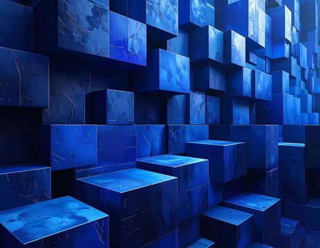 Deep blue cubes form an abstract composition, textured and illuminated, creating a compelling architectural design