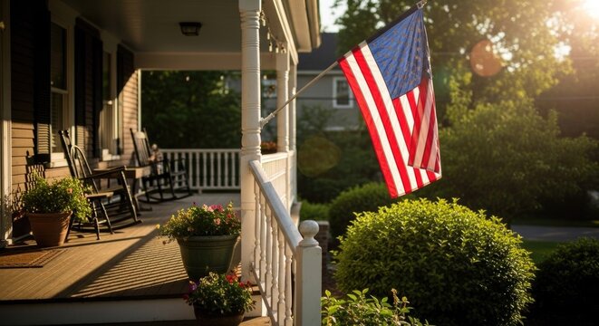 Patriotic 4th of july celebration american flag waving on a porch