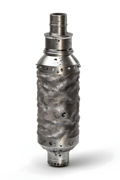 A cylindrical industrial metal component showcasing a uniquely rough granular surface texture and a pronounced spiral design stands isolated on a bright white background