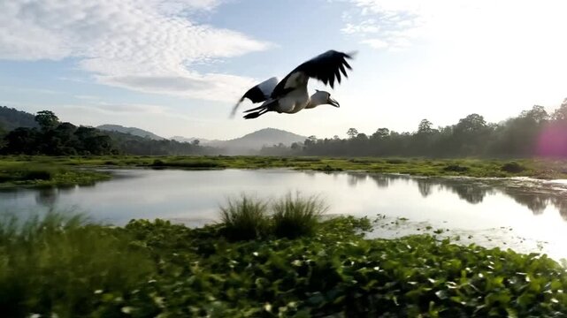 Shoebill stork gliding above a tranquil marsh wetland with the sun reflecting on the water at dawn or dusk