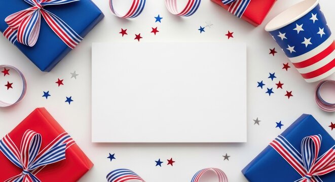 Festive 4th of july background with patriotic gifts and american flag for holiday celebrations