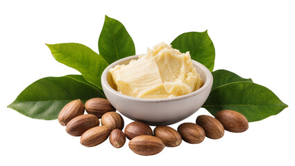 Obraz premium Creamy Shea Butter in Ceramic Bowl with Palm Nuts and Green Leaves