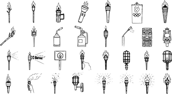 Hand-drawn Sketch Icons: Collection of Various Torches, Flames, Lighting Devices, Blowtorches, Lanterns, and Olympic Fire Symbols in Black and White Outline Art