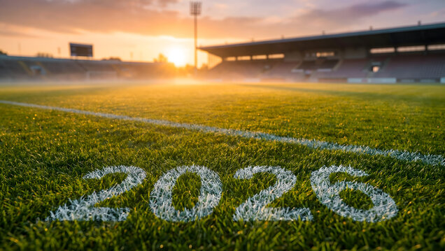 2026 Football Tournament Concept on Soccer Field with Sunset Light, Sports Background with Copy Space