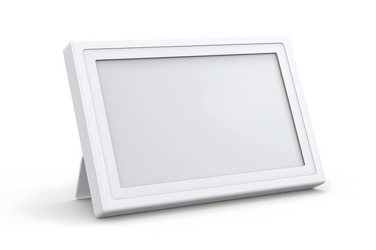 A minimalist white picture frame with subtle decorative stitching stands angled on a pristine white surface, ready to display various images or text