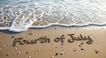 Fototapeta premium Festive 4th of july beach scene 'fourth of july' written in seashells on sandy shore