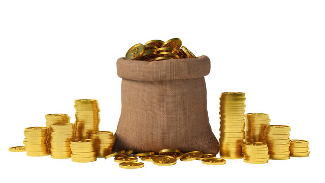 Full burlap sack overflowing with stacked golden coins