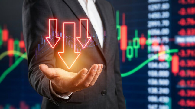 Global economic inflation crisis recession risk market downturn concept businessman hand with falling arrow over stock chart background