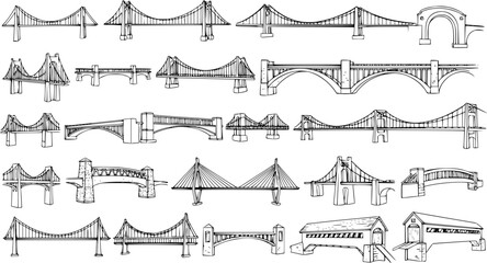 Detailed hand-drawn sketches of various bridge types, showcasing a diverse collection of architectural and engineering structures in a line art style. © naila