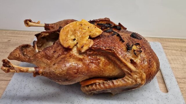Whole roasted duck with crispy golden skin on a cutting board. Gourmet festive poultry dish prepared with orange and spices. French cuisine Canard &agrave; l'Orange ready for serving