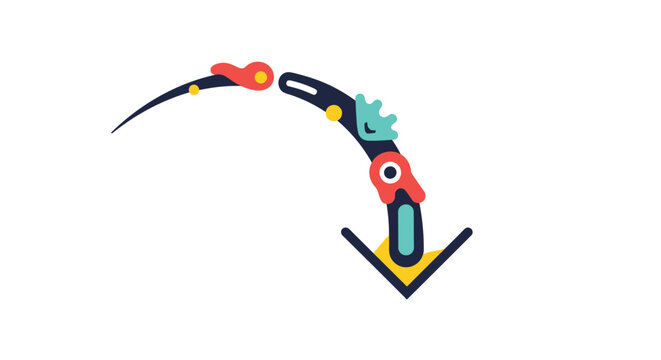 Creative curved arrow pointing downwards decorated with various colorful abstract icons and organic shapes on a white background.