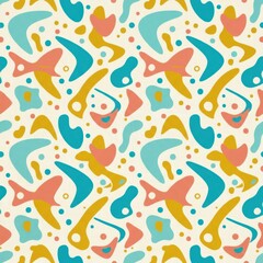 Naklejka premium Repeating Pattern of Colorful Boomerangs and Abstract Shapes in High Fidelity Style for Design Projects and Textile Applications