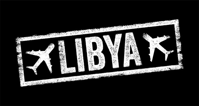 Libya is a country in the Maghreb region of North Africa, text emblem stamp with airplane