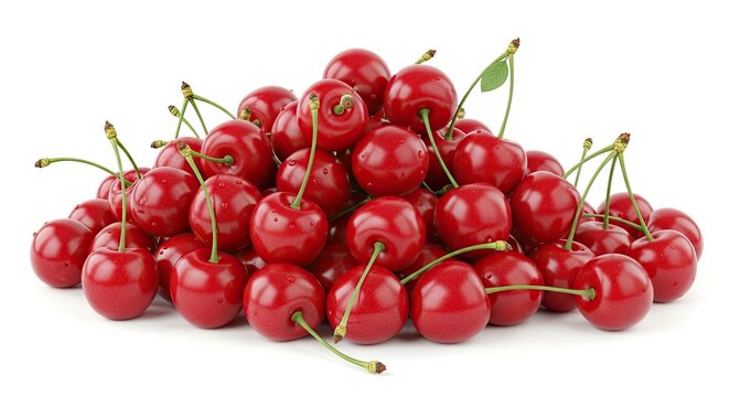 Pile of fresh red cherries on white background closeup