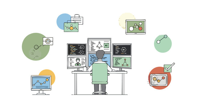 Software Engineer Developing AI Applications on Multiple Screens
