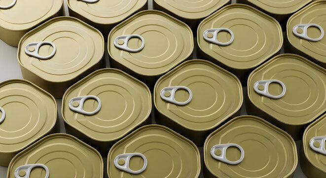 Top view of metallic gold food cans with ring pull tabs in a grid