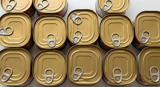 Top view of organized rows of canned food tins with pull tabs