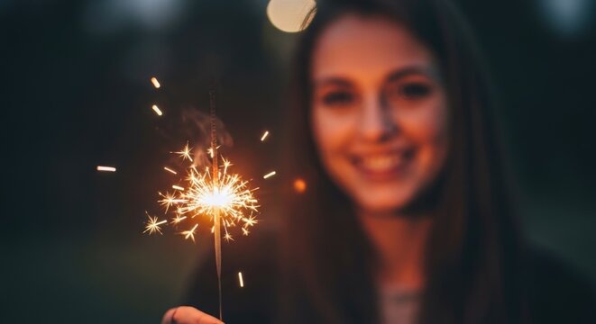 Celebrating 4th of july woman smiling with sparklers during independence day festivities