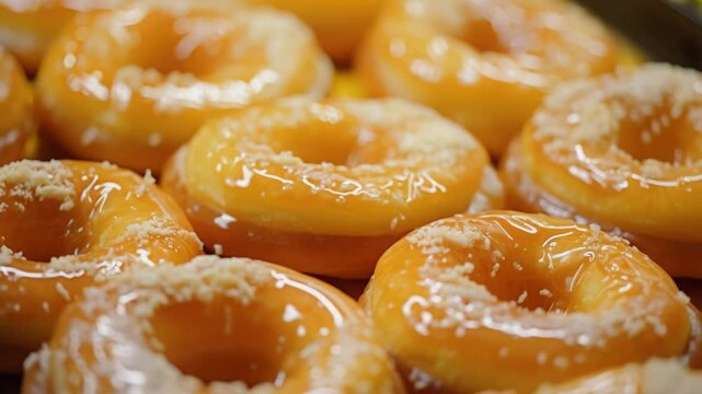 A close-up view of several freshly made donuts with a glossy icing on top, sprinkled with tiny sugar crystals. The donuts are arranged neatly in rows and appear to be fresh out of the oven or fryer.