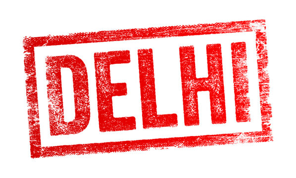 Delhi grunge stamp text in rectangular distressed label style, vintage rubber seal effect, city name typography, urban branding mark, rough texture imprint concept