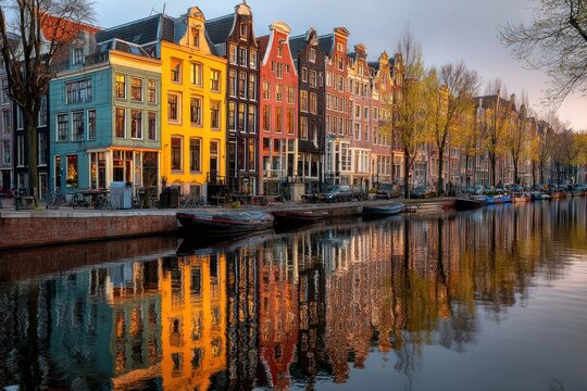 Charming canal houses with vibrant reflections in a European cityscape