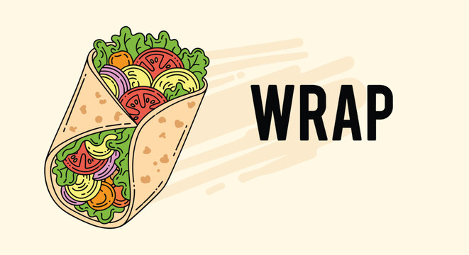 Delicious healthy vegetable wrap with fresh lettuce tomatoes and onions depicted in a colorful hand drawn style for menu design.