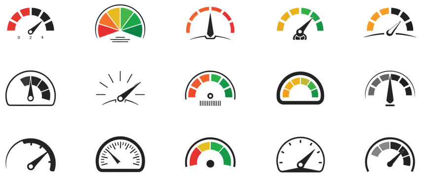 Speedometer icon set, speed indicator, gauge, dashboard, tachometer, and scale symbols, speedometer with arrow, clean modern vector illustration for UI and apps.
