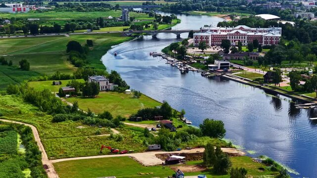 Aerial Fly Above Jelgava Palace and Lielupe River with Slow Motion Traffic in Background Latvia