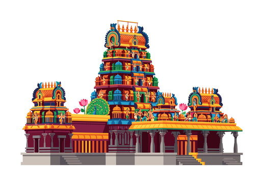 Vibrant South Indian temple architecture with intricate carvings and colorful details