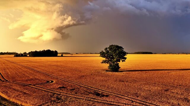 Aerial View of Lone Tree in Golden Wheat Field Under Dramatic Stormy Sunset Sky in Rural Latvia