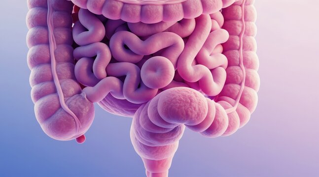 Human intestine internal structure detail. Pink organ with wavy tubes shows absorption process. Medical science illustration depicts gut anatomy for health and biology.