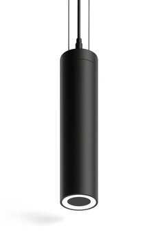 A contemporary black cylindrical pendant lamp provides focused illumination while suspended against a clean white background, perfect for architectural lighting concepts