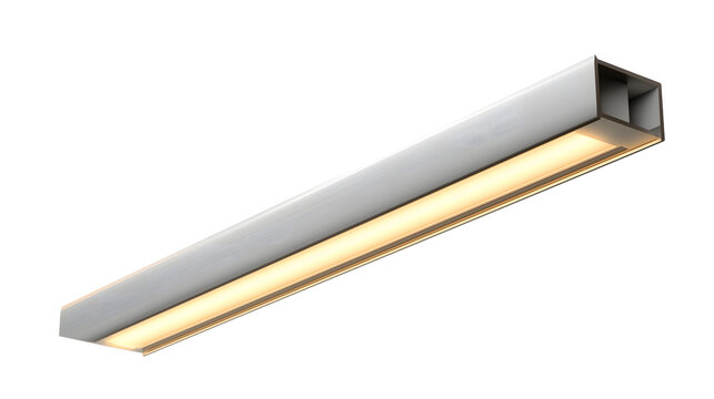 An elongated rectangular light fixture with a metal casing glows softly with a warm yellow illumination on a white surface