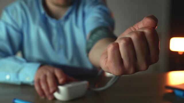 Exhausted office worker uses a tonometer to check blood pressure, reacting to high workload and prolonged stress. Theme of burnout and workplace pressure.