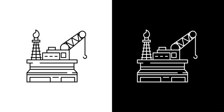 Single icon of offshore oil rig with crane and flare stack, industrial illustration on white and black backgrounds