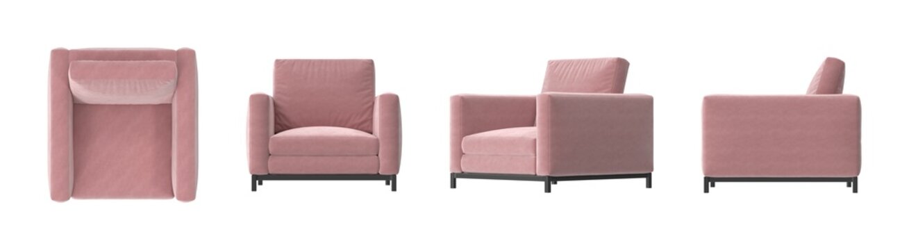 Modern plush pink armchair with a comfortable headrest and sleek black legs