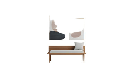 Fototapeta premium Modern wooden bench with cushion and abstract paintings isolated on white background