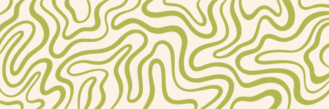 Modern abstract 1:3 spring summer background. Doodle uneven wavy organic line. Twisted hand drawn lines fluid curved wiggling stripes waves. Funky maze ornament, groovy hippie pattern banner