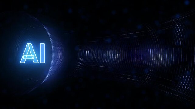 Future Technology Abstract AI Neon Blue Text Animation in Dark Digital Tunnel Background