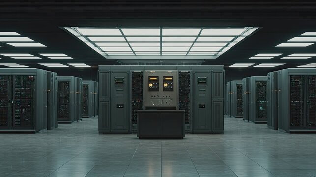 Data center server room with mainframe computers
