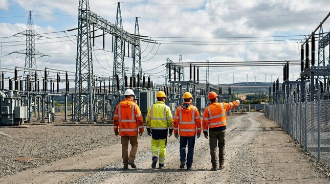Professional electrical workers walking through a power substation. Utility team inspecting high voltage infrastructure and transmission equipment during grid maintenance.