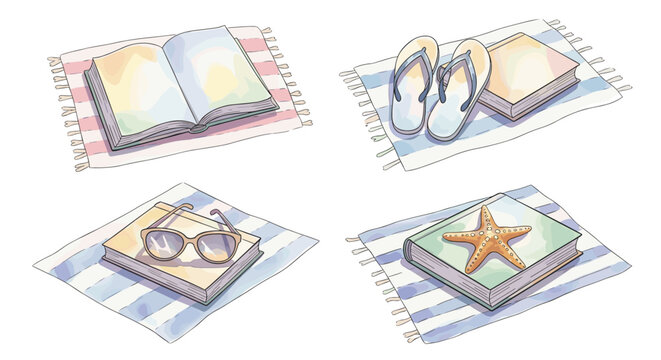 Summer relaxation accessories on beach towels for a stylish getaway