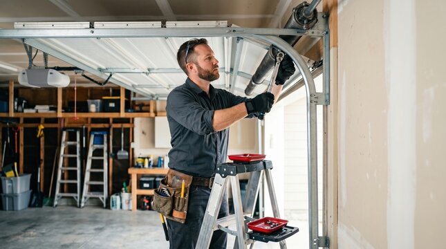 Professional garage technician adjusting a sectional overhead door with tools in a home workshop. Male specialist repairing a garage door spring during home improvement maintenance.