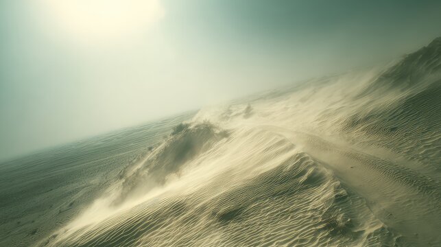 Desert dunes swept by fierce wind and drifting dust, hazy sun casting rippled sand patterns across a vast, desolate landscape that evokes raw, arid motion and erosion